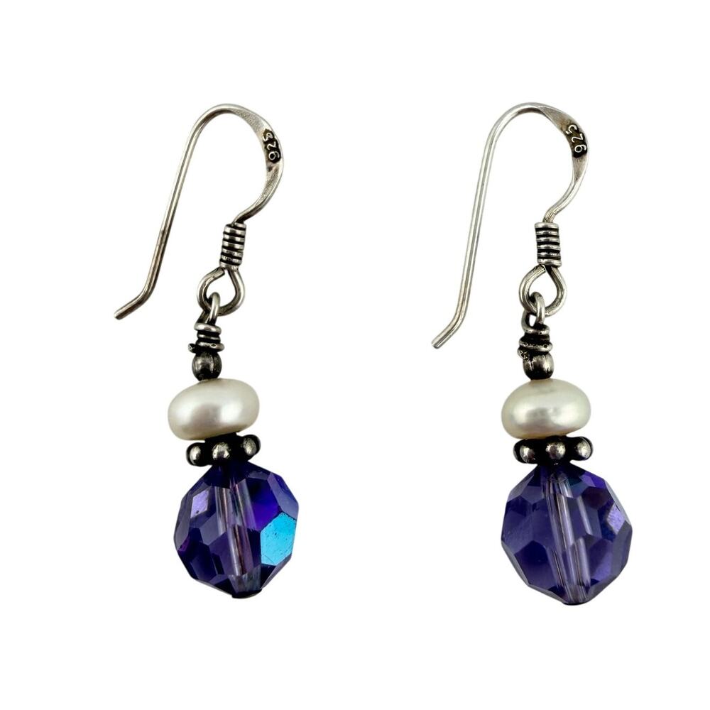 925 Sterling Silver Freshwater Pearl AB Blue Crystal Bead 1.25" Earrings